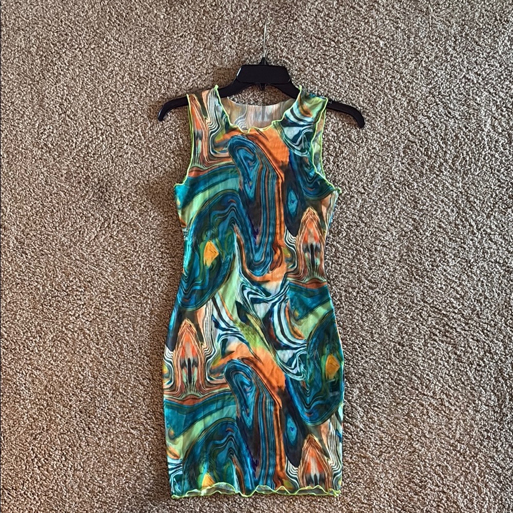Blue and Orange Sleeveless Halter Mini Dress